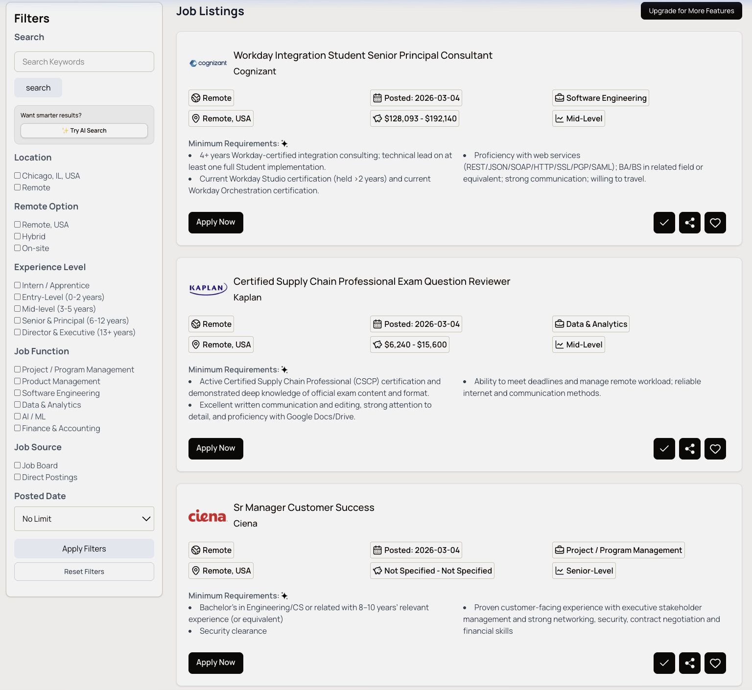 Job Board page with curated listings and smart filters